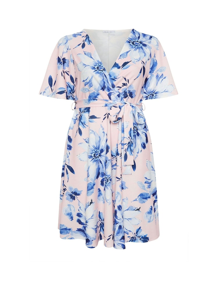 Yours Curve Pink London Blurred Floral Wrap Scuba Crepe Dress - Image 5 of 5