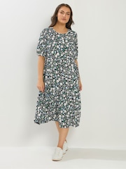 Yours Curve Black Puff Sleeve Tierred Midaxi Dress - Image 1 of 5