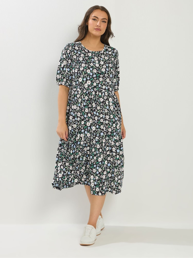 Yours Curve Black Puff Sleeve Tierred Midaxi Dress - Image 1 of 5