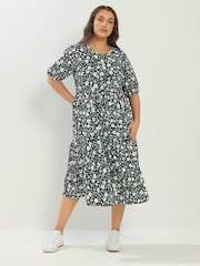 Yours Curve Black Puff Sleeve Tierred Midaxi Dress - Image 2 of 5