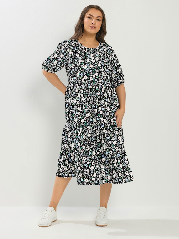 Yours Curve Black Puff Sleeve Tierred Midaxi Dress - Image 2 of 5