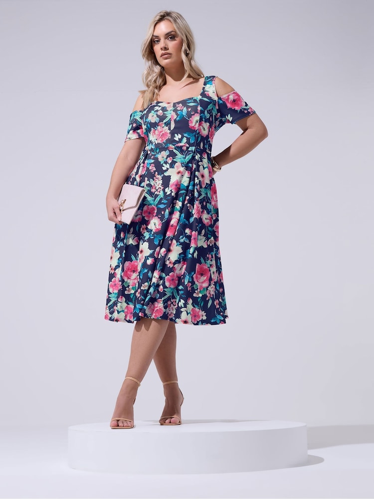 Yours Curve Blue London Floral Cold Shoulder Panel Skater Dress - Image 1 of 5 Yours Curve Blue London Floral Cold Shoulder Panel Skater Dress - Image 1 of 5
