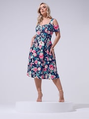 Yours Curve Blue London Floral Cold Shoulder Panel Skater Dress - Image 2 of 5
