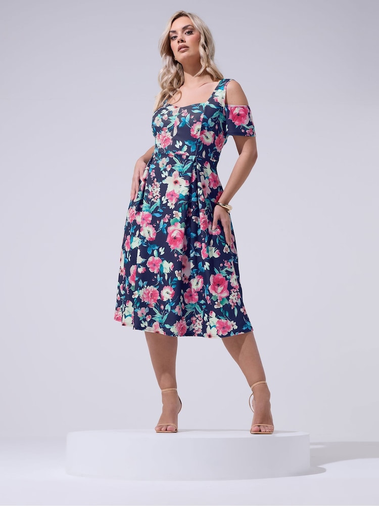 Yours Curve Blue London Floral Cold Shoulder Panel Skater Dress - Image 2 of 5 Yours Curve Blue London Floral Cold Shoulder Panel Skater Dress - Image 2 of 5