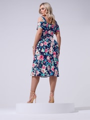 Yours Curve Blue London Floral Cold Shoulder Panel Skater Dress - Image 3 of 5