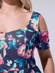 Yours Curve Blue London Floral Cold Shoulder Panel Skater Dress - Image 4 of 5