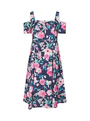 Yours Curve Blue London Floral Cold Shoulder Panel Skater Dress - Image 5 of 5