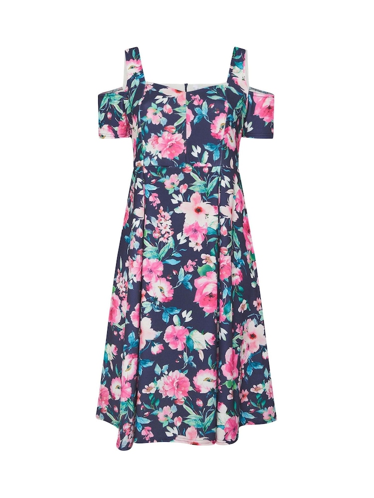 Yours Curve Blue London Floral Cold Shoulder Panel Skater Dress - Image 5 of 5 Yours Curve Blue London Floral Cold Shoulder Panel Skater Dress - Image 5 of 5