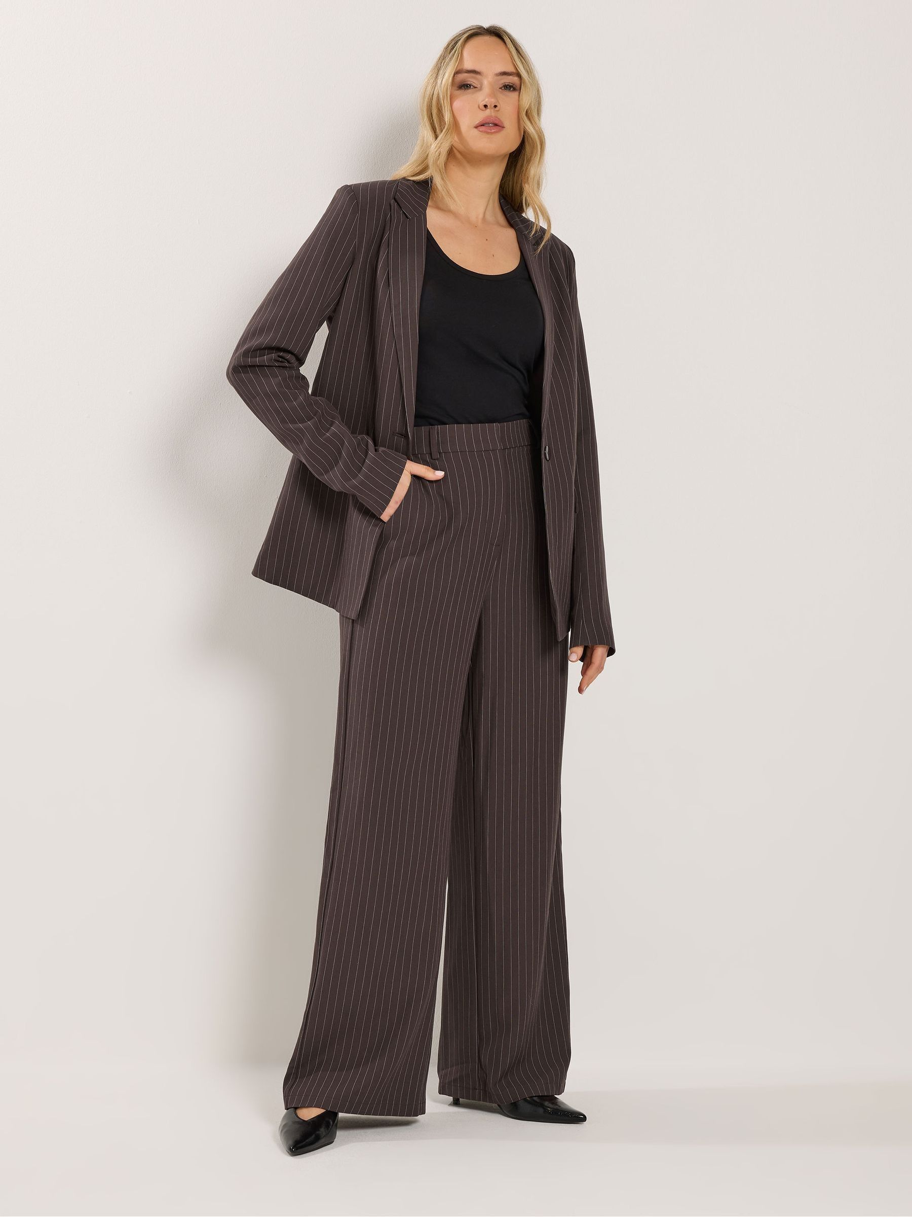 Long Tall Sally Women's Brown Pinstripe Wide Leg Trousers - Image 1