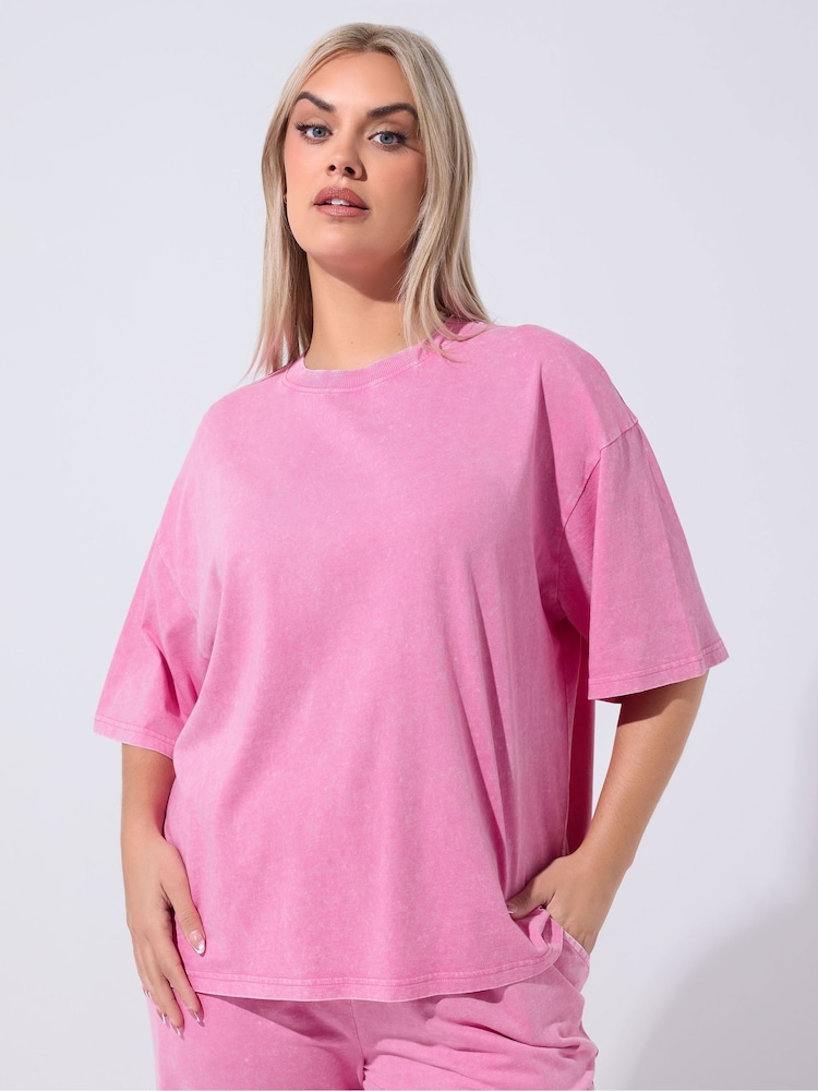 Yours Curve Pink Limited Acid Wash T-Shirt - Image 1 of 5