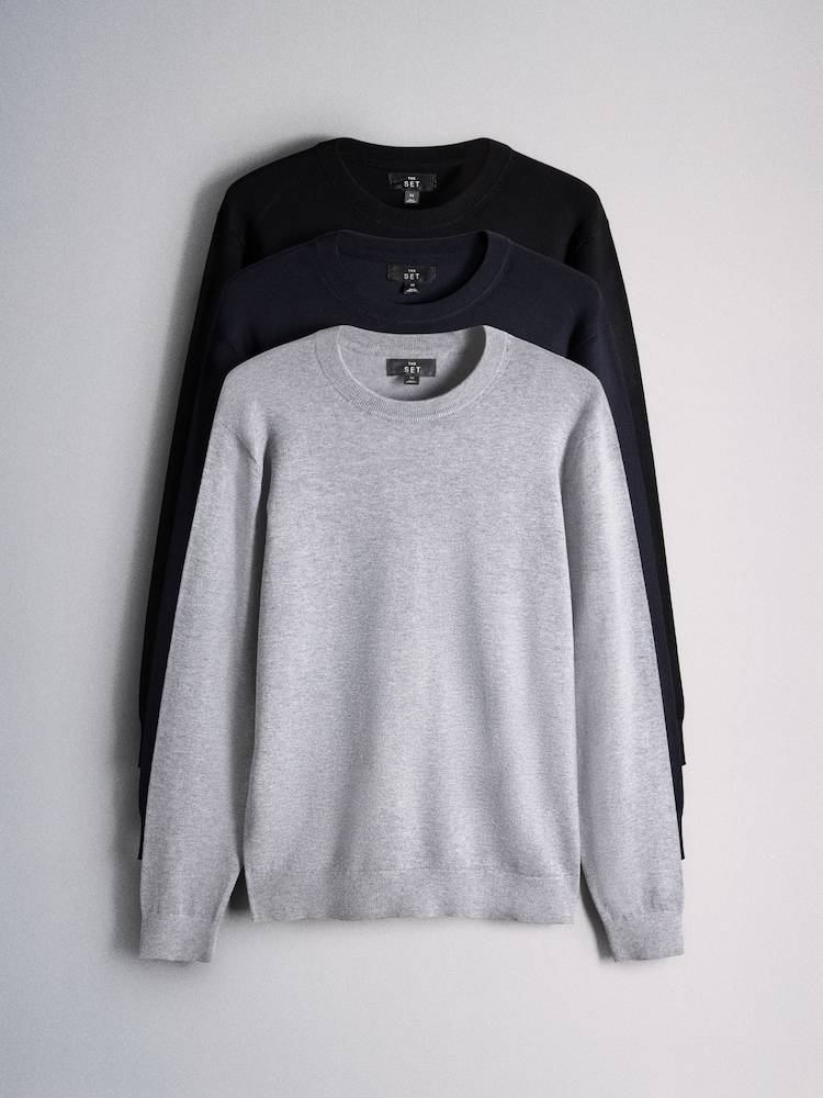 The Set 3 Pack Long Sleeve Knitted Crew Neck Jumpers Black/Navy - Image 2 of 13