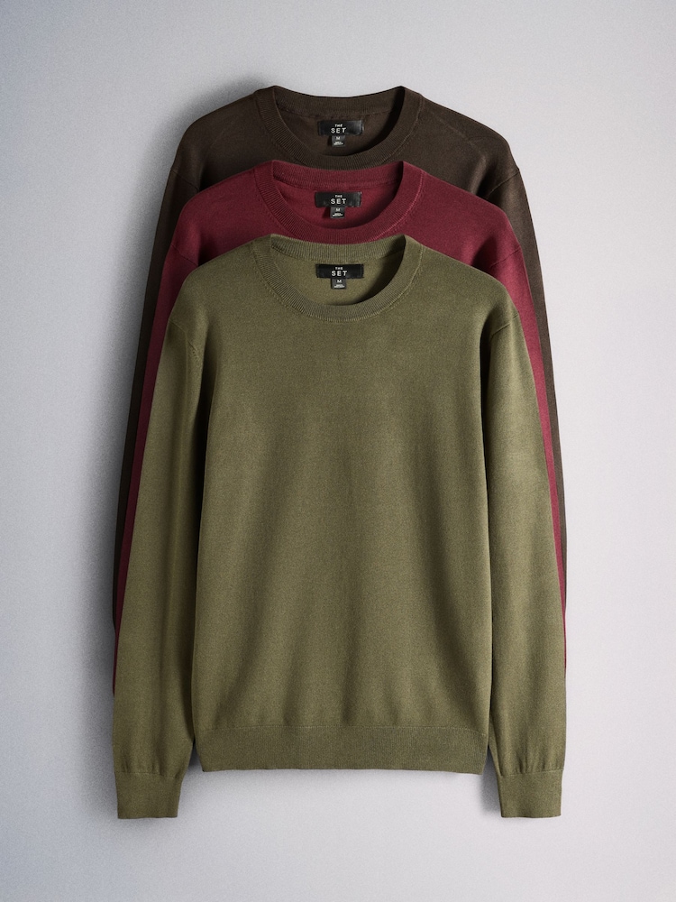 The Set 3 Pack Long Sleeve Crew Neck Jumpers Brown - Image 1 of 6