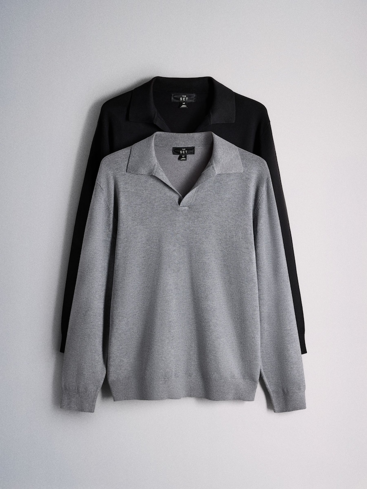 The Set 2 Pack Trophy Neck Knit Jumpers Black/Grey - Image 2 of 13