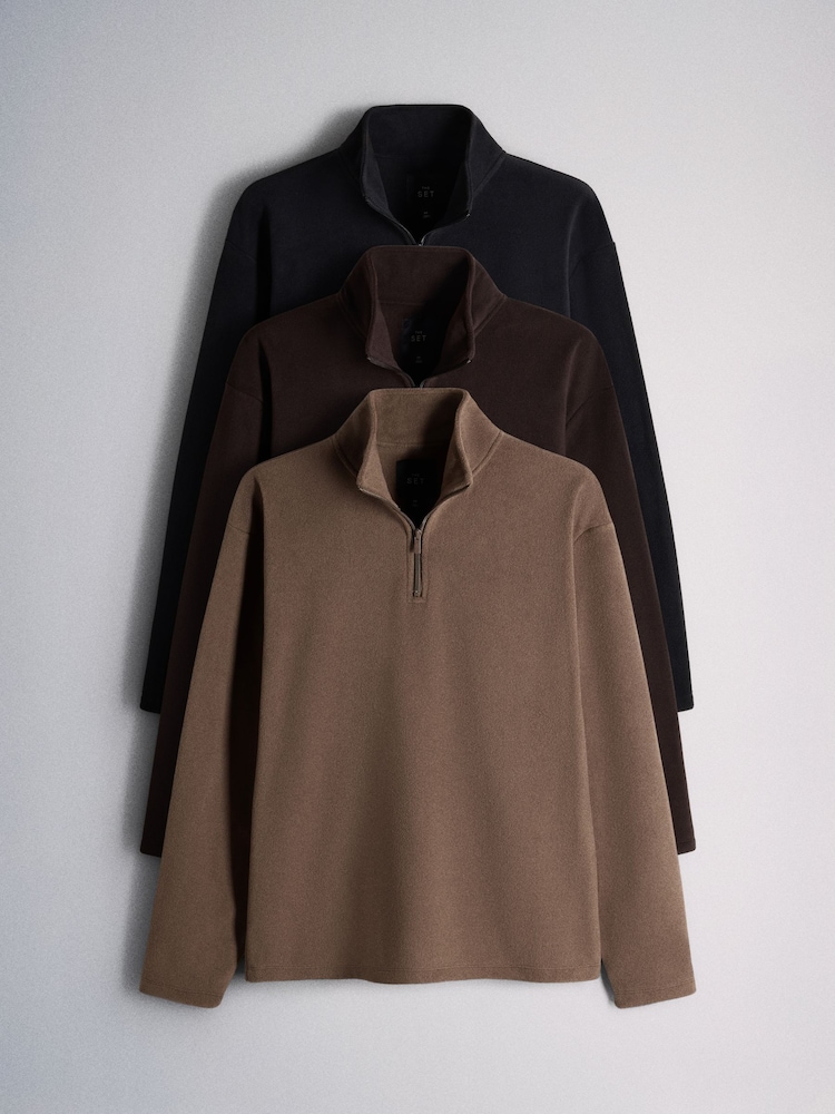 The Set 3 Pack Half Zip Micro Fleeces Black/Brown - Image 1 of 6 The Set 3 Pack Half Zip Micro Fleeces Black/Brown - Image 1 of 6