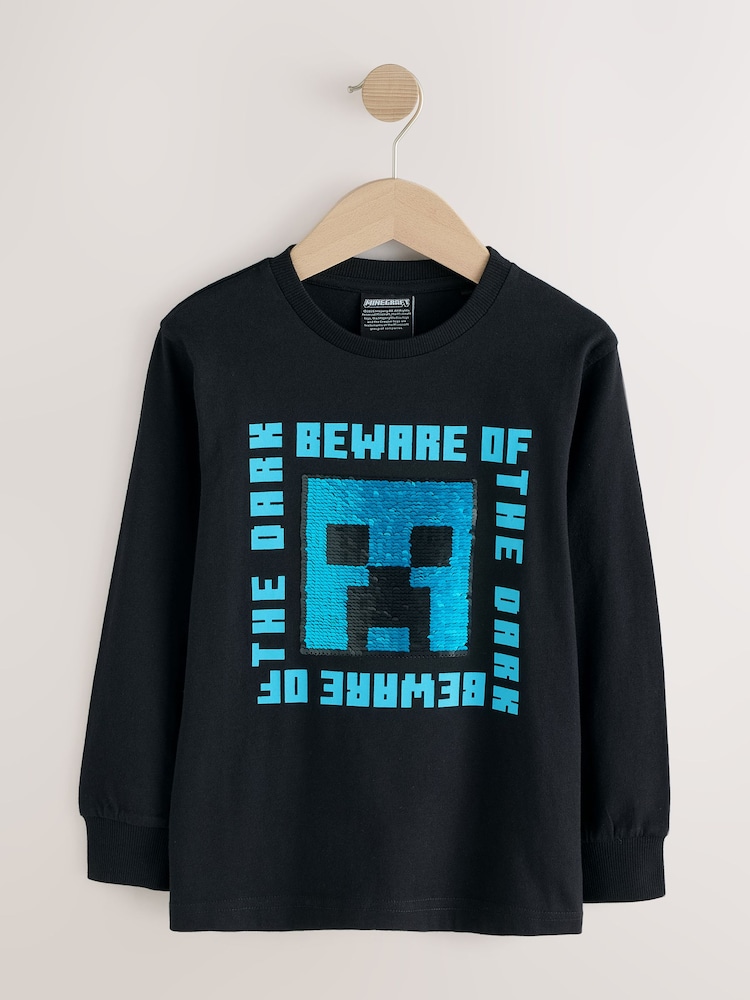 Black Sequin Long Sleeve Minecraft T-Shirt (3-16yrs) - Image 2 of 5