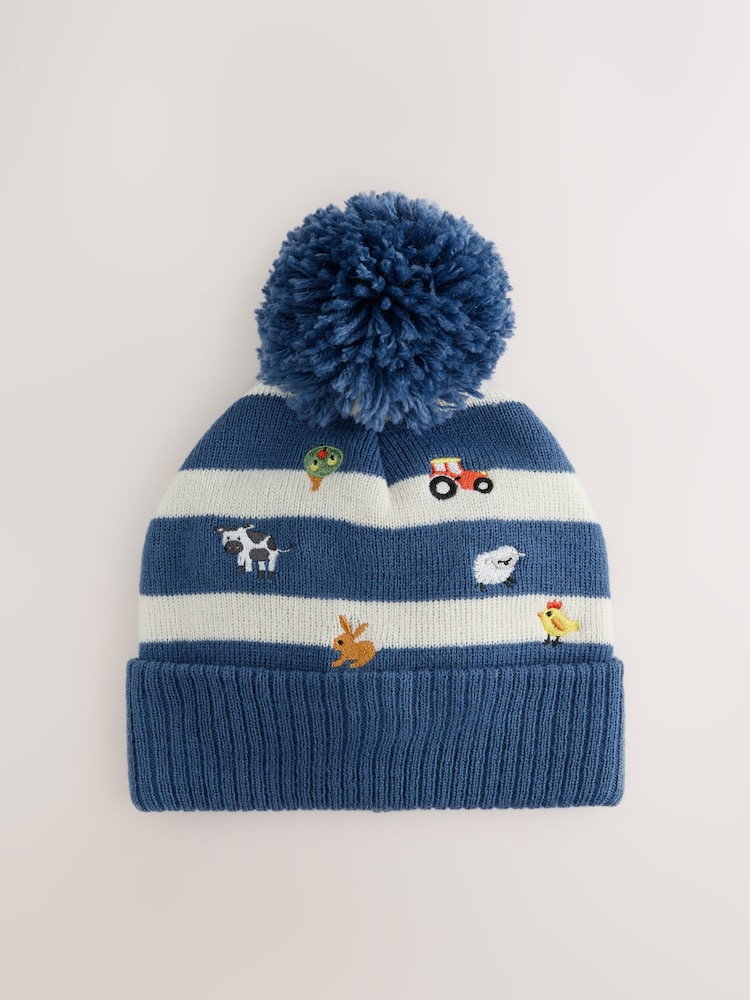 Blue Farm Embroidered Pom Beanie (3mths-10yrs) - Image 1 of 3 Blue Farm Embroidered Pom Beanie (3mths-10yrs) - Image 1 of 3