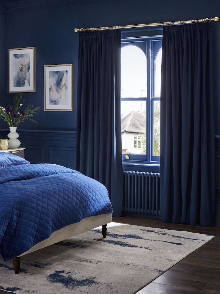 Blue Dark Navy Matte Velvet Super Thermal Pencil Pleat Curtains - Image 2 of 7 Blue Dark Navy Matte Velvet Super Thermal Pencil Pleat Curtains - Image 2 of 7