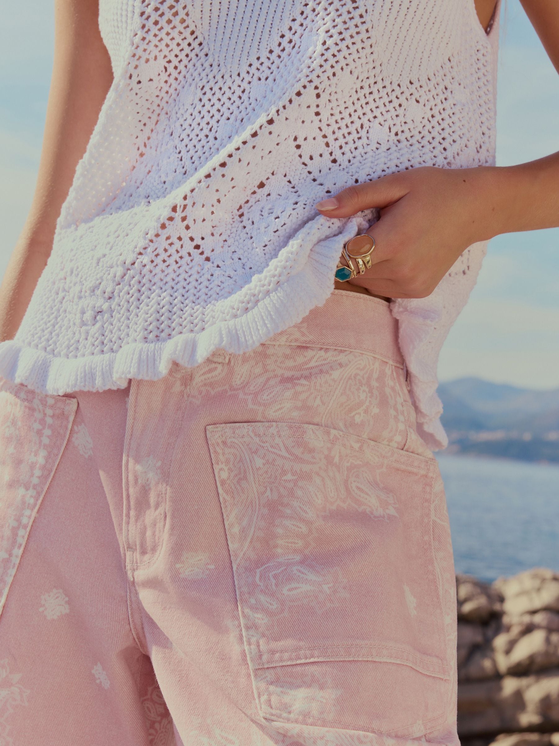 Buy Pink Bandana Print Double Pocket Barrel Denim Jort Shorts from
