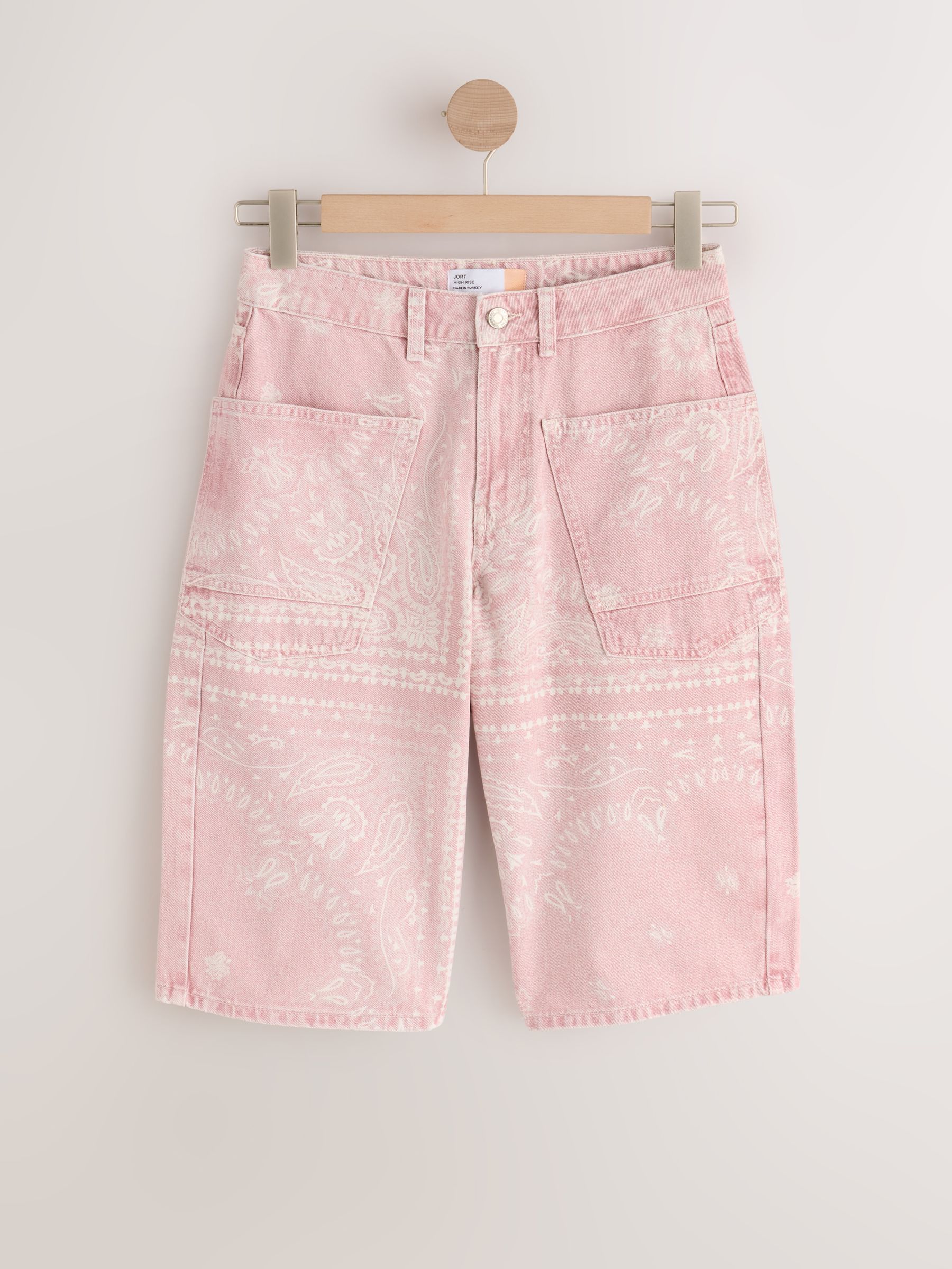 Buy Pink Bandana Print Double Pocket Barrel Denim Jort Shorts from