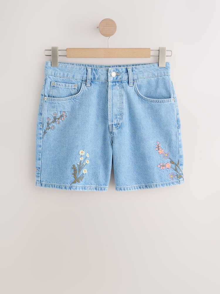 Mid Blue Embroidery Denim Shorts - Image 1 of 6 Mid Blue Embroidery Denim Shorts - Image 1 of 6