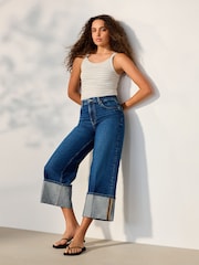 Mid Blue Cropped Wide Leg Deep Turnup Jeans - Image 1 of 9