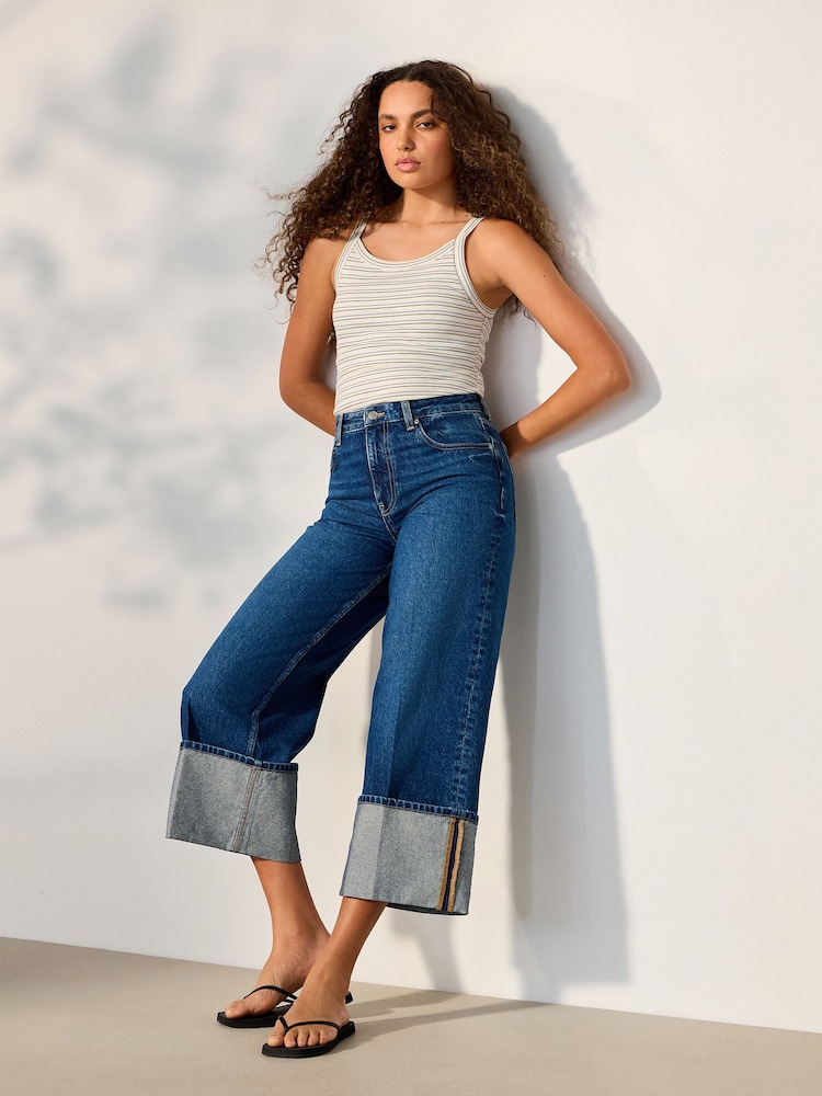 Mid Blue Cropped Wide Leg Deep Turnup Jeans - Image 1 of 9