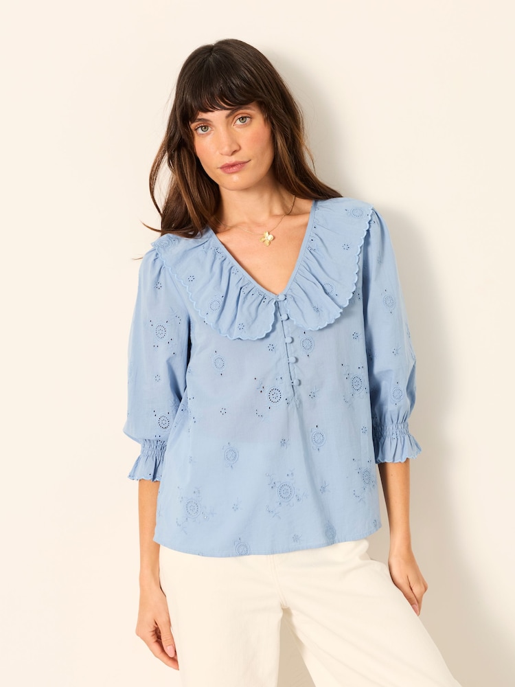 FatFace Carly Blue Petite Broderie Blouse - Image 1 of 5