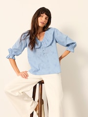 FatFace Carly Blue Petite Broderie Blouse - Image 5 of 5