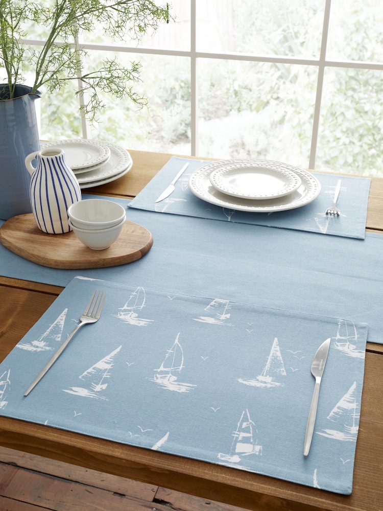 Catherine Lansfield 4 Pack Blue Salcombe Boats Cotton Dining Placemats - Image 1 of 2