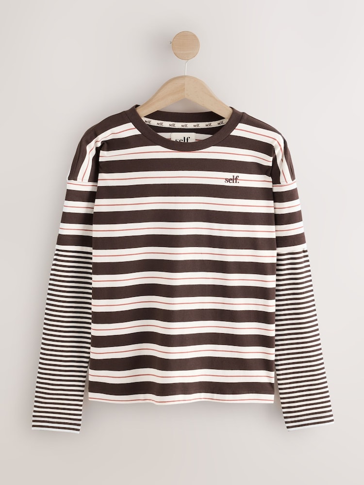 self. Chocolate Brown Stripe T-Shirt with Mock Layer - Image 1 of 3