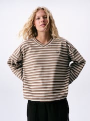 self. Brown Stripe Thermal V-Neck Long Sleeve T-Shirt - Image 1 of 4