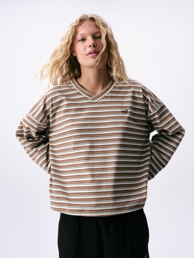 self. Brown Stripe Thermal V-Neck Long Sleeve T-Shirt - Image 1 of 4
