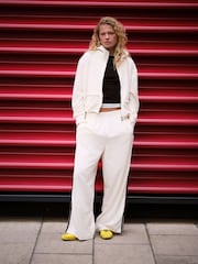 self. Ecru Wide Leg Viscose Blend Track Trousers With Side Stripe - Image 3 of 9