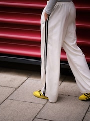 self. Ecru Wide Leg Viscose Blend Track Trousers With Side Stripe - Image 4 of 9