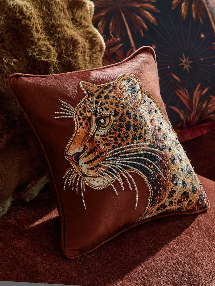 Orange 35x35 Embellished Leopard Cushion - Image 1 of 4