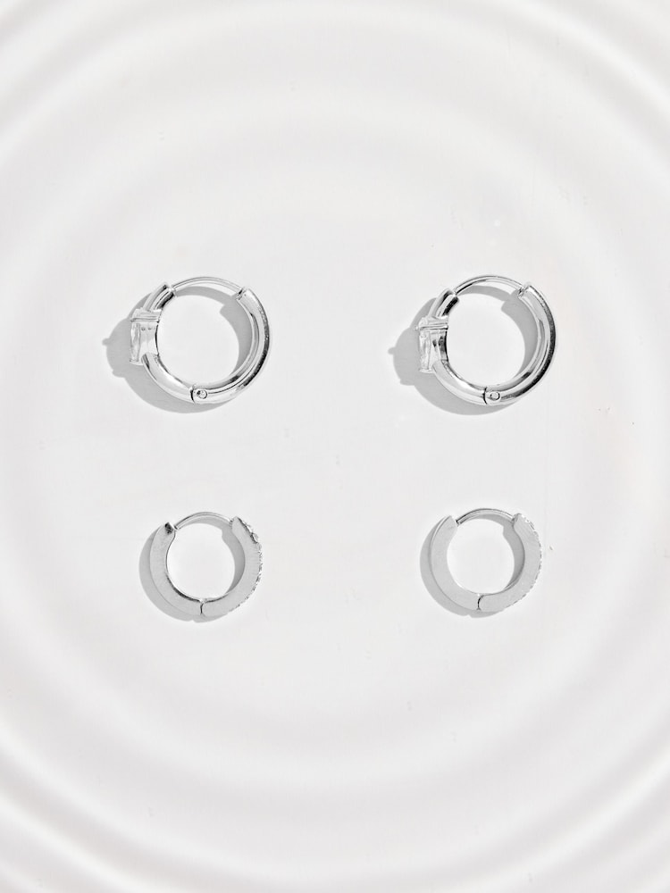 Silver Tone Waterproof Stainless Steel Sparkle Huggie Hoop Earrings 2 Pack - Image 2 of 3