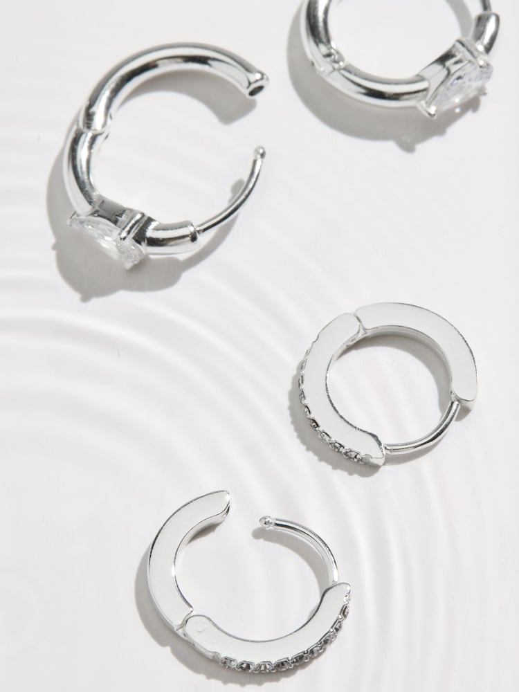 Silver Tone Waterproof Stainless Steel Sparkle Huggie Hoop Earrings 2 Pack - Image 3 of 3