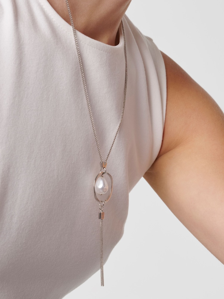 Karen Millen Silver Tone Modern Pearl Pendant Necklace - Image 2 of 5