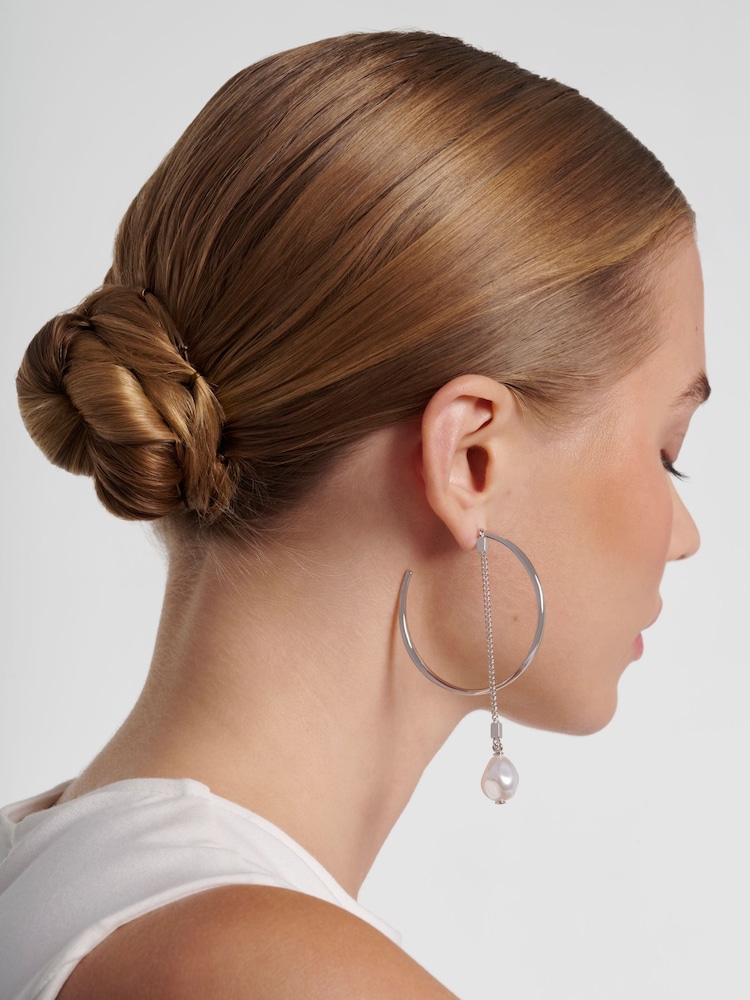 Karen Millen Silver Tone   Modern Pearl Hoop Earrings - Image 1 of 5