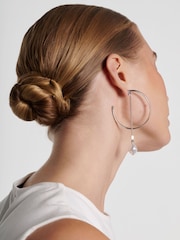 Karen Millen Silver Tone   Modern Pearl Hoop Earrings - Image 2 of 5