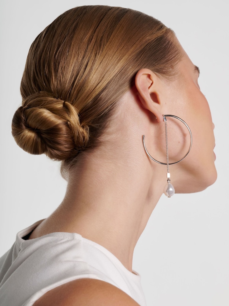 Karen Millen Silver Tone   Modern Pearl Hoop Earrings - Image 2 of 5