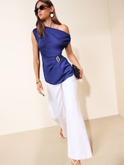 Friends Like These Cobalt Blue Assymetric Hardware Detail Drape Blouse - Image 3 of 4