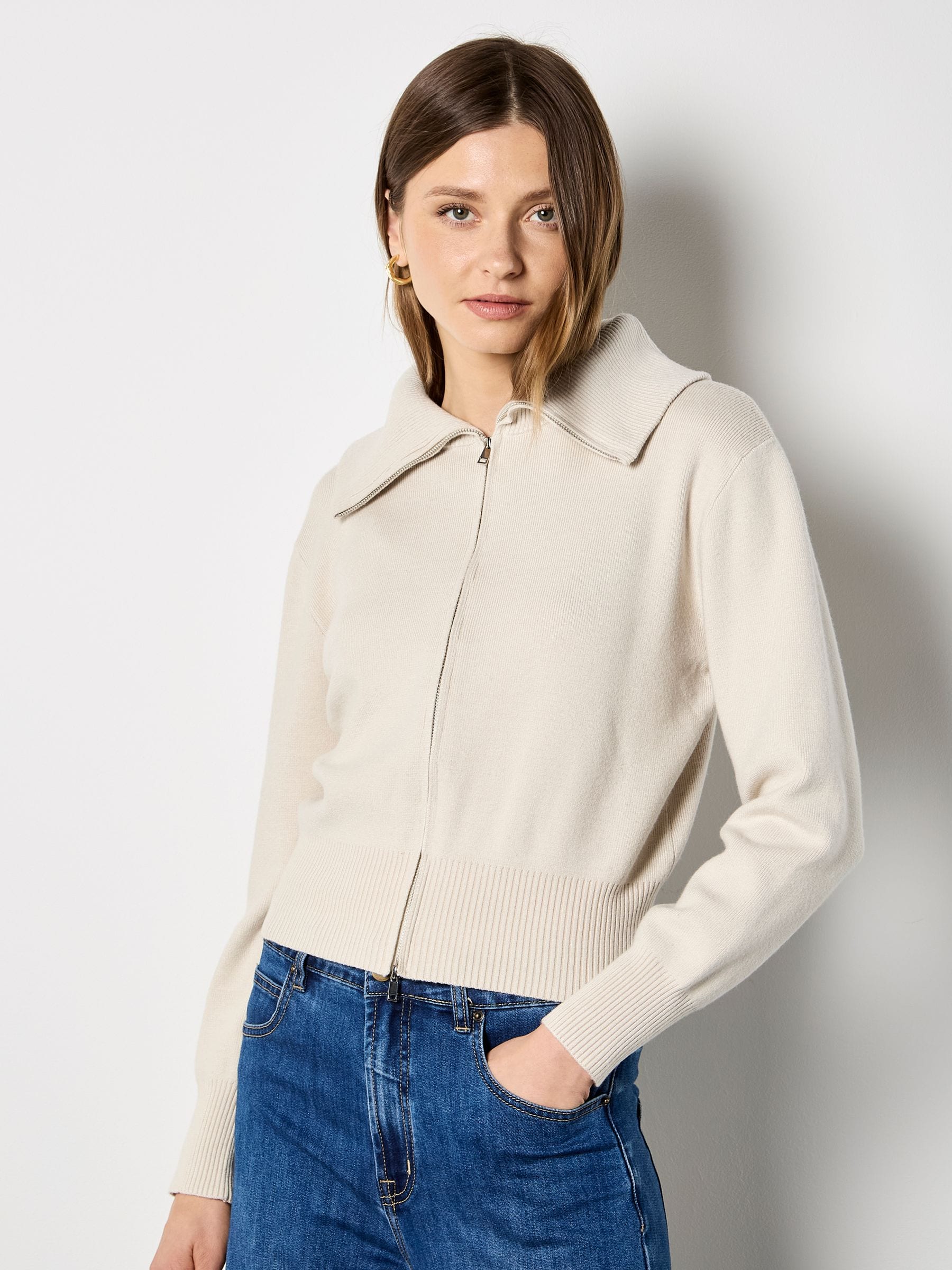 Buy Apricot Natural Double Zip Ribbed Knit Cardigan from the Next