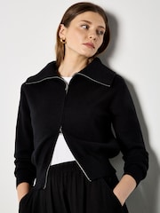 Apricot Black Double Zip Ribbed Knit Cardigan - Image 1 of 5