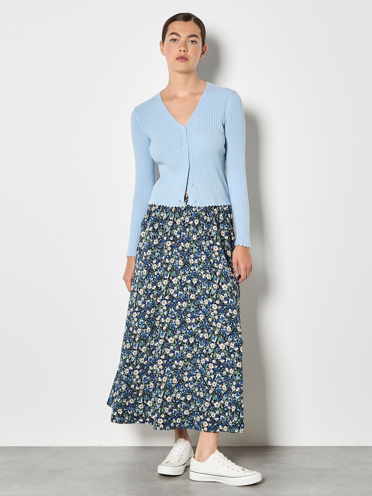 Apricot Blue Floral Print A-Line Midaxi Skirt - Image 1 of 5