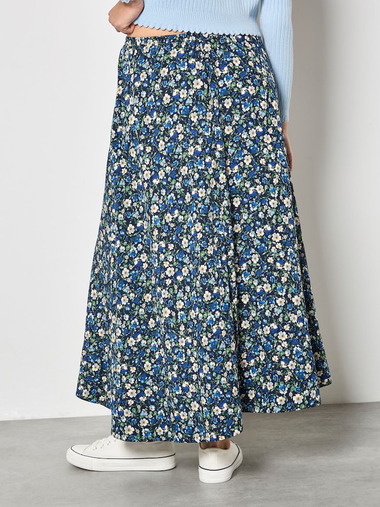 Apricot Blue Floral Print A-Line Midaxi Skirt - Image 5 of 5