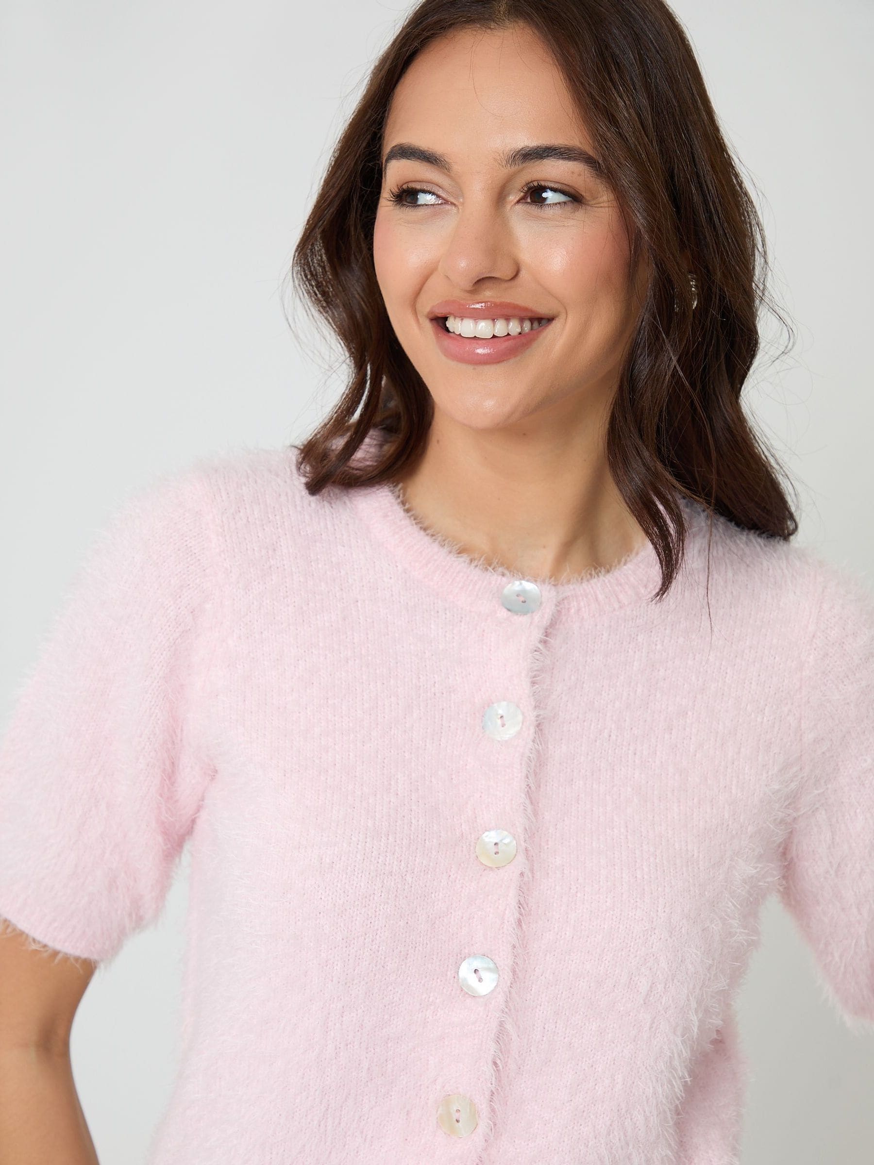 Buy Threadbare Pink Eyelash Knit Short Sleeve Cardigan from the