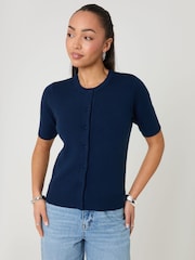Threadbare Blue Jacquard Knit Short Sleeve Cardigan - Image 1 of 4