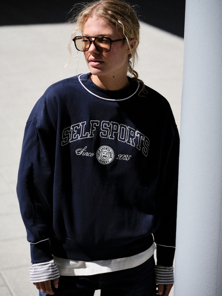 self. Navy Slogan Crew Neck Sweatshirt - Image 1 of 8 self. Navy Slogan Crew Neck Sweatshirt - Image 1 of 8