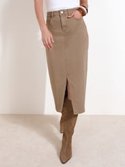 Friends Like These Olive Green Split Front Denim Midi Skirt - Image 2 of 5